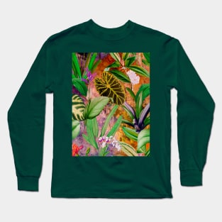 Stylish Tropical floral leaves and foliage botanical illustration, botanical pattern, tropical plants, orange yellow leaves pattern over a Long Sleeve T-Shirt